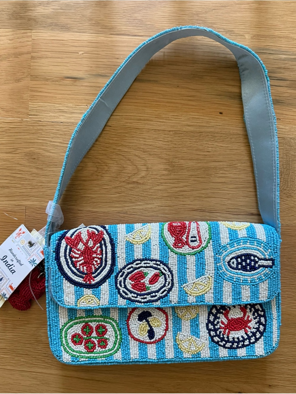 NWT Beaded Seafood Motif Shoulder Bag - Turquoise